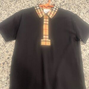 Boys Burberry Black Polo with Plaid Accents
